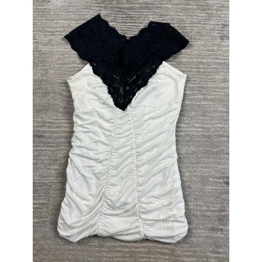 Moa Moa Top Womens Medium White Black Lace V-Neck Ruched Sleeveless 86534L-1